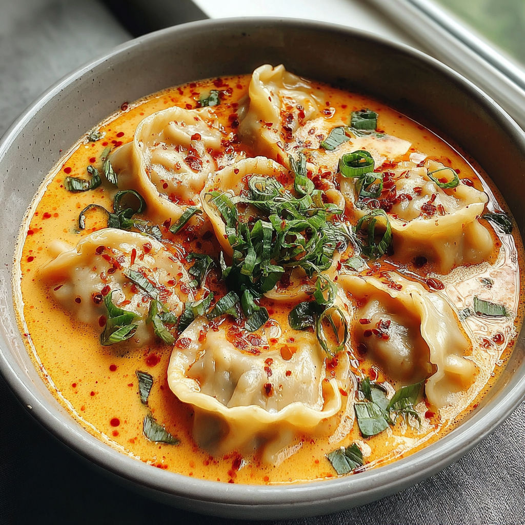 A bowl of soup with dumplings and green vegetables.