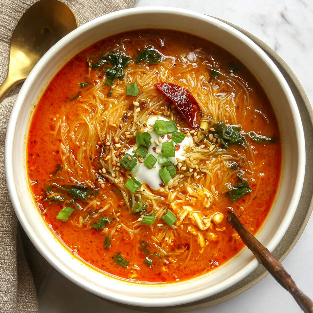 A bowl of soup with a spoon in it.