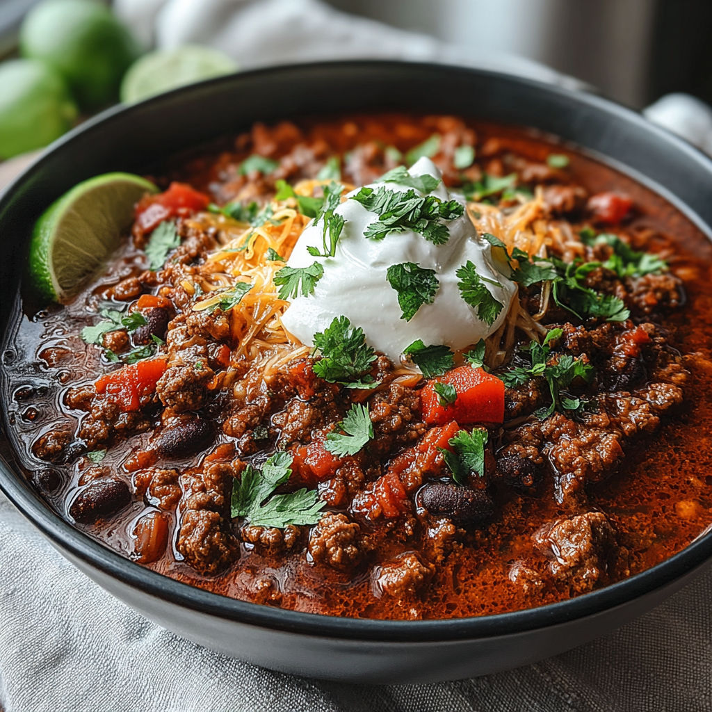 A bowl of chili with a dollop of sour cream on top.