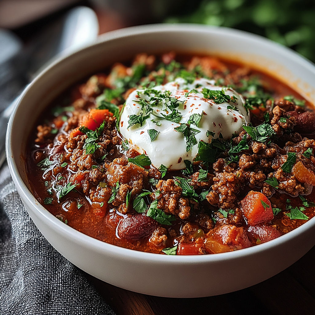 A bowl of chili with a dollop of sour cream on top.