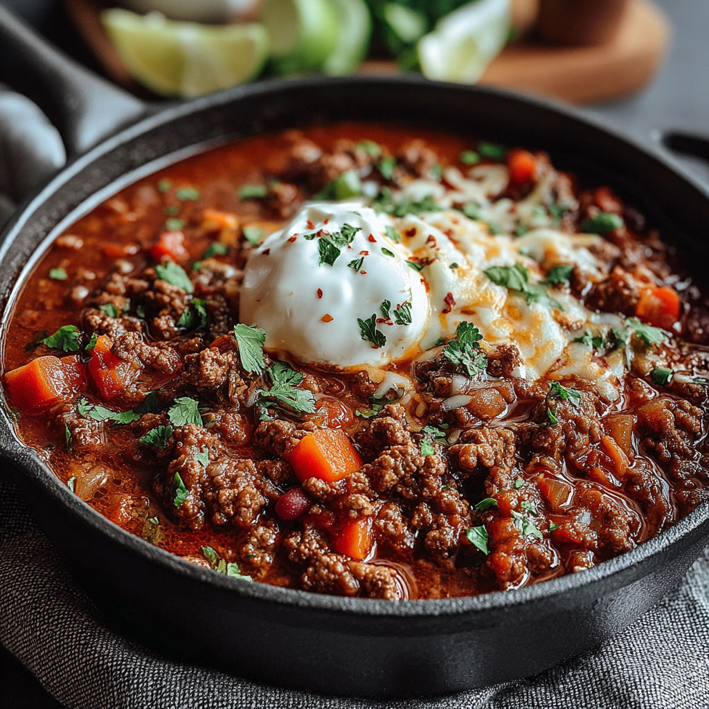 A bowl of chili with a dollop of sour cream on top.