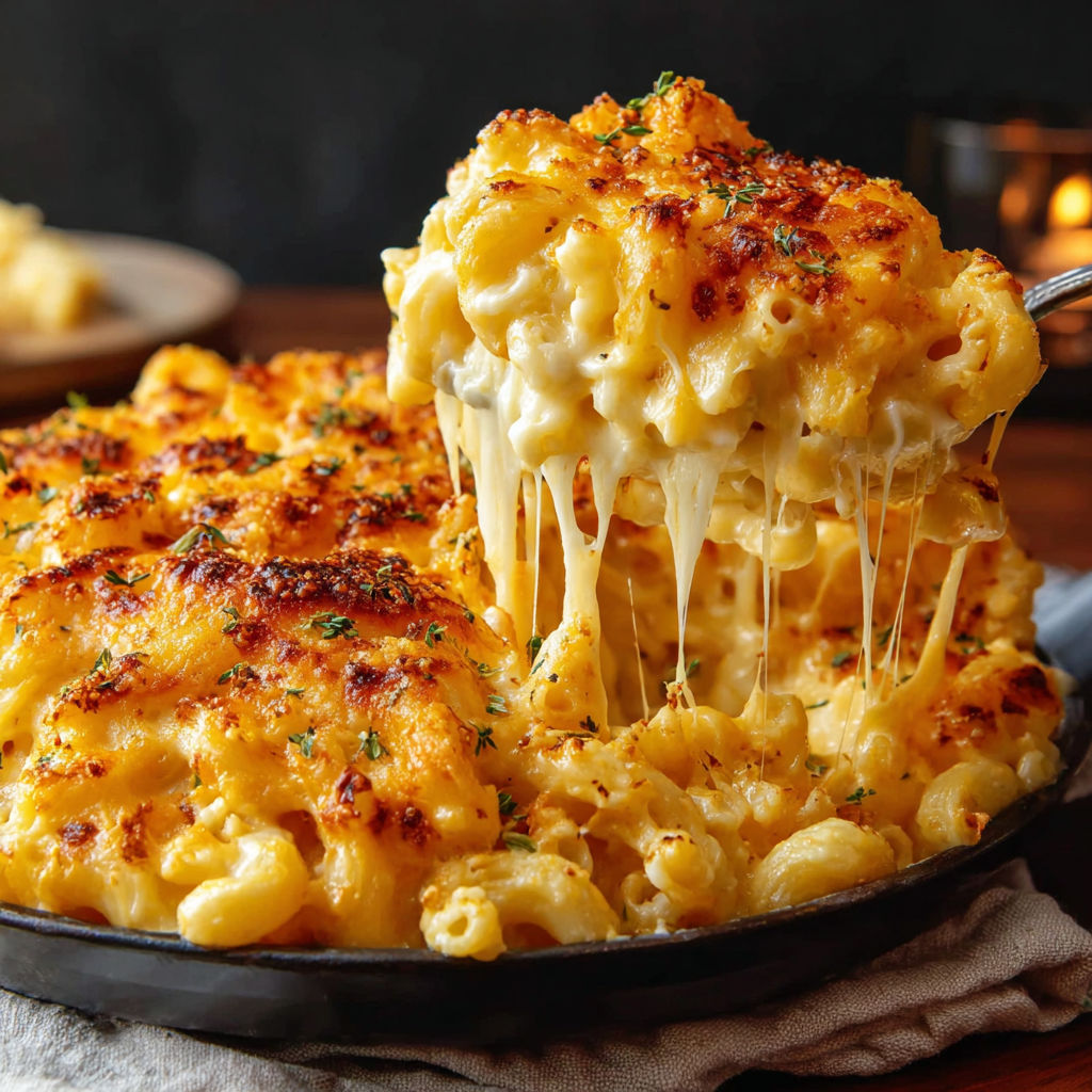 A baked mac and cheese dish with cheese dripping out.