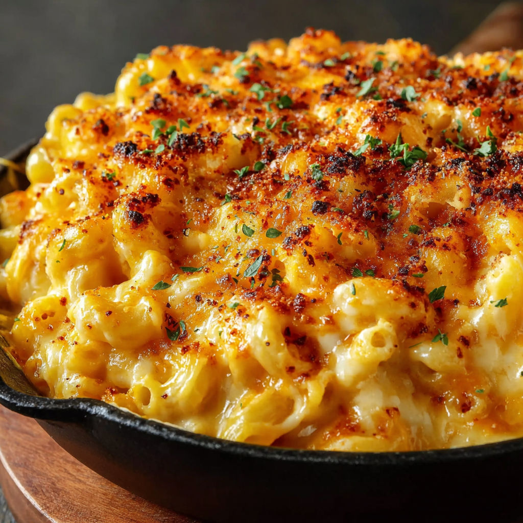 A delicious baked mac and cheese dish.