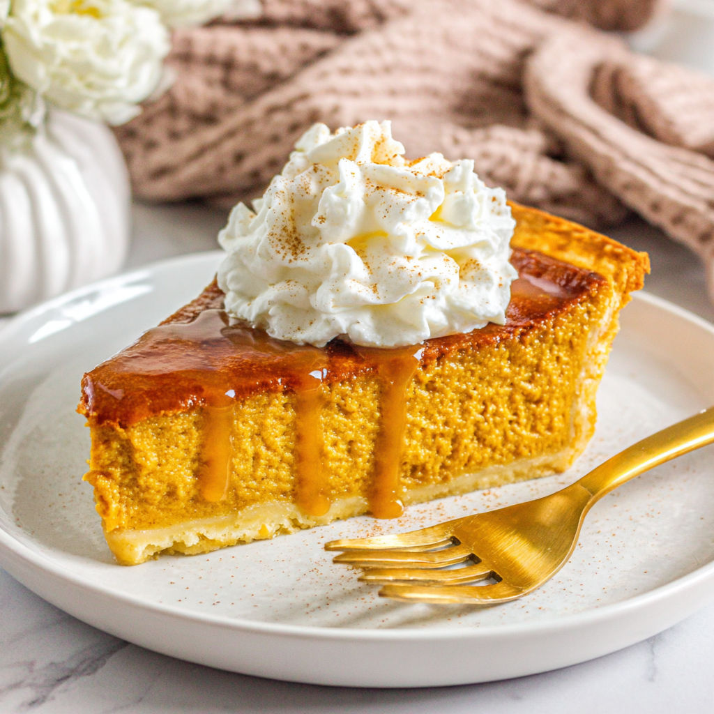 A slice of pumpkin pie with whipped cream on top.