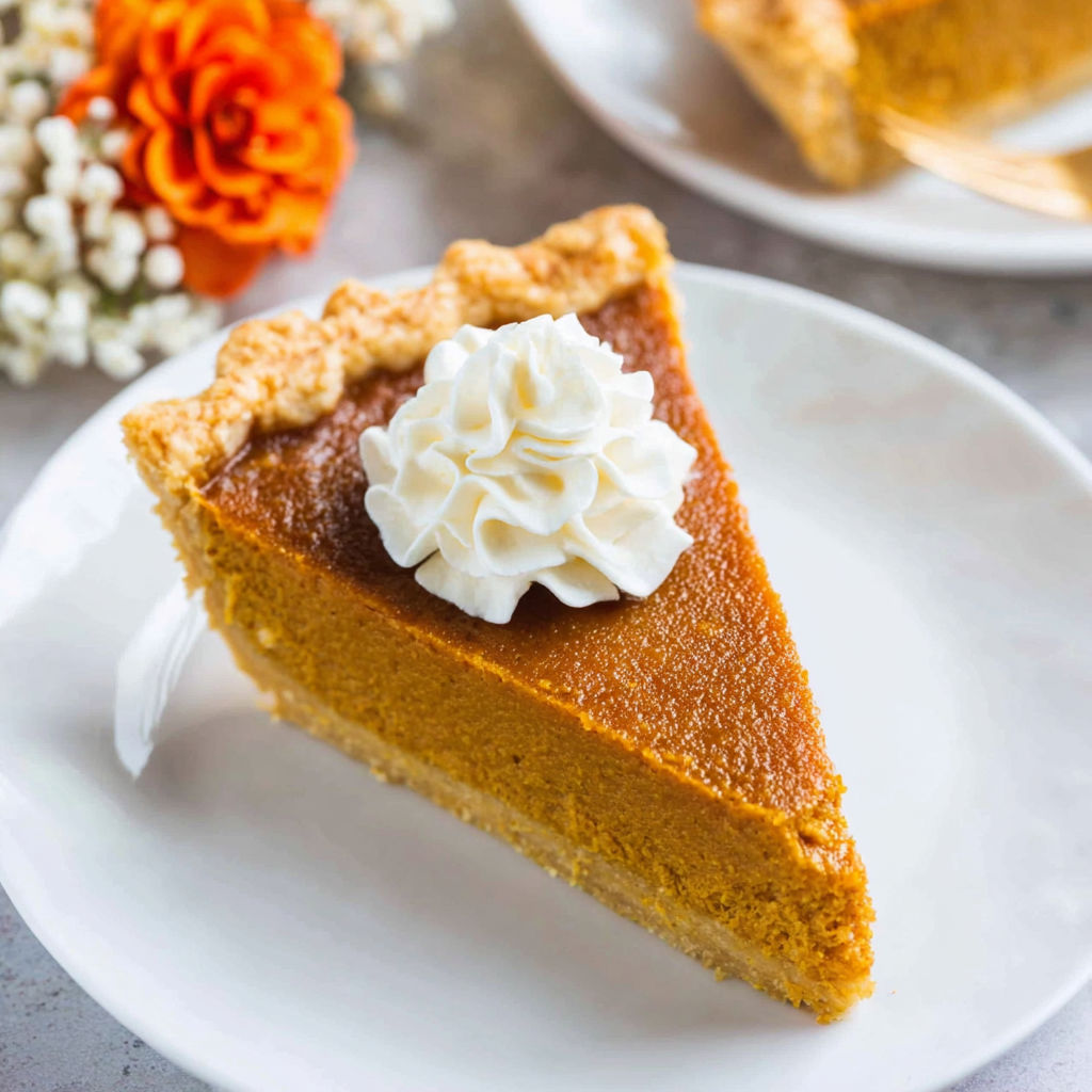 A slice of pumpkin pie with whipped cream on top.