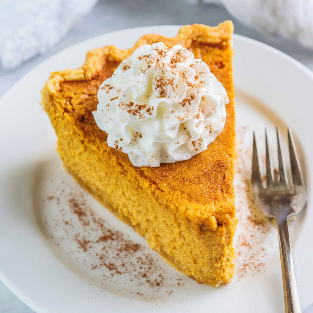A slice of pumpkin pie with whipped cream on top.