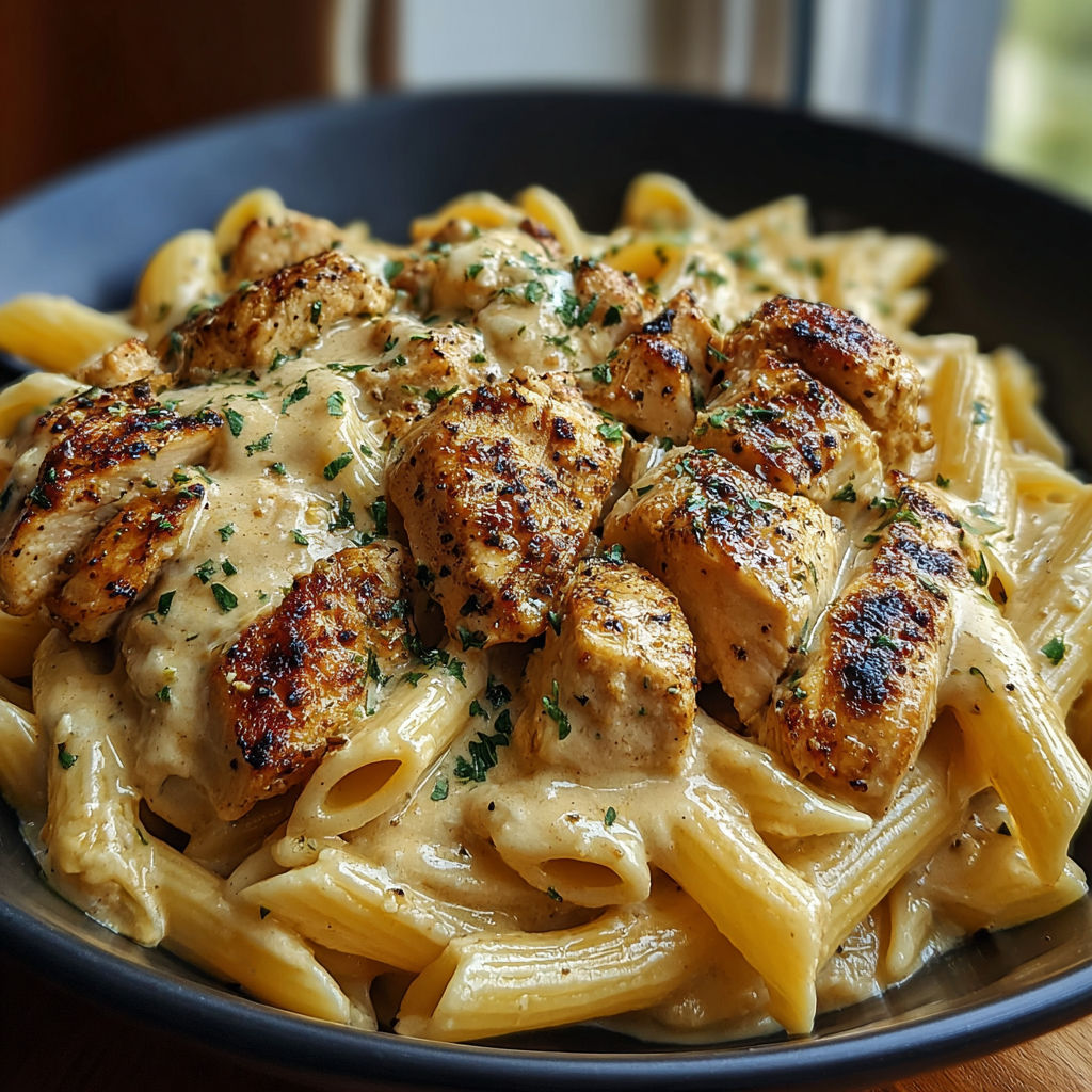 A bowl of creamy cajun chicken pasta.