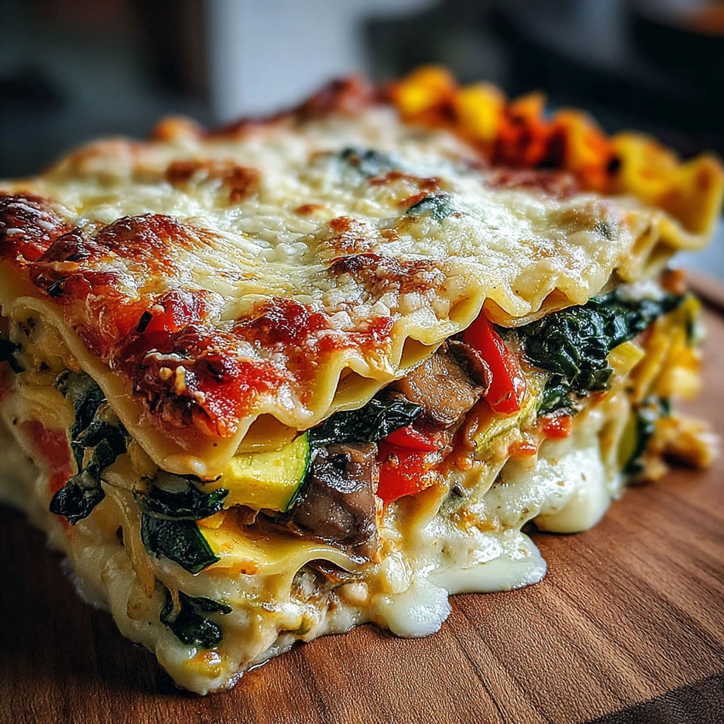 A close up of a delicious lasagna with mushrooms and spinach.