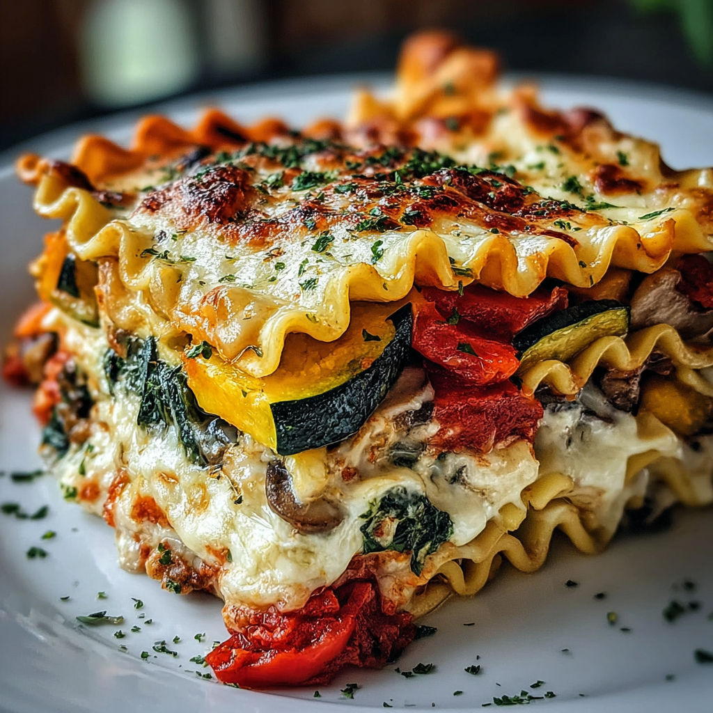 A delicious baked Italian vegetable lasagna bursting with flavorful layers.