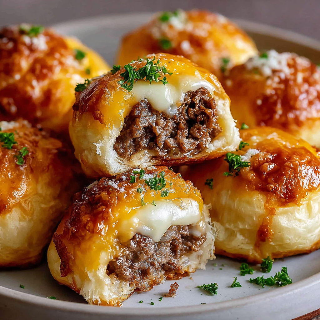 A plate of cheeseburger bites with Parmesan cheese.