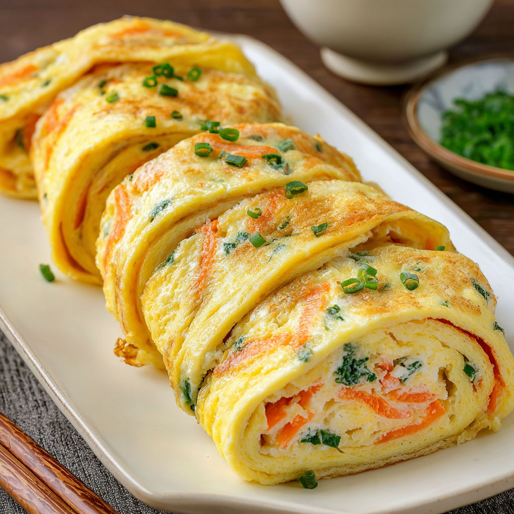 A plate of gyeran mari, a Korean rolled omelette.