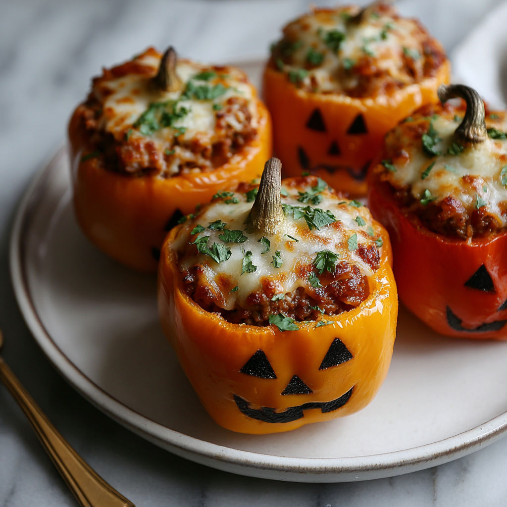 A plate of stuffed bell peppers with a jack-o-lantern design.