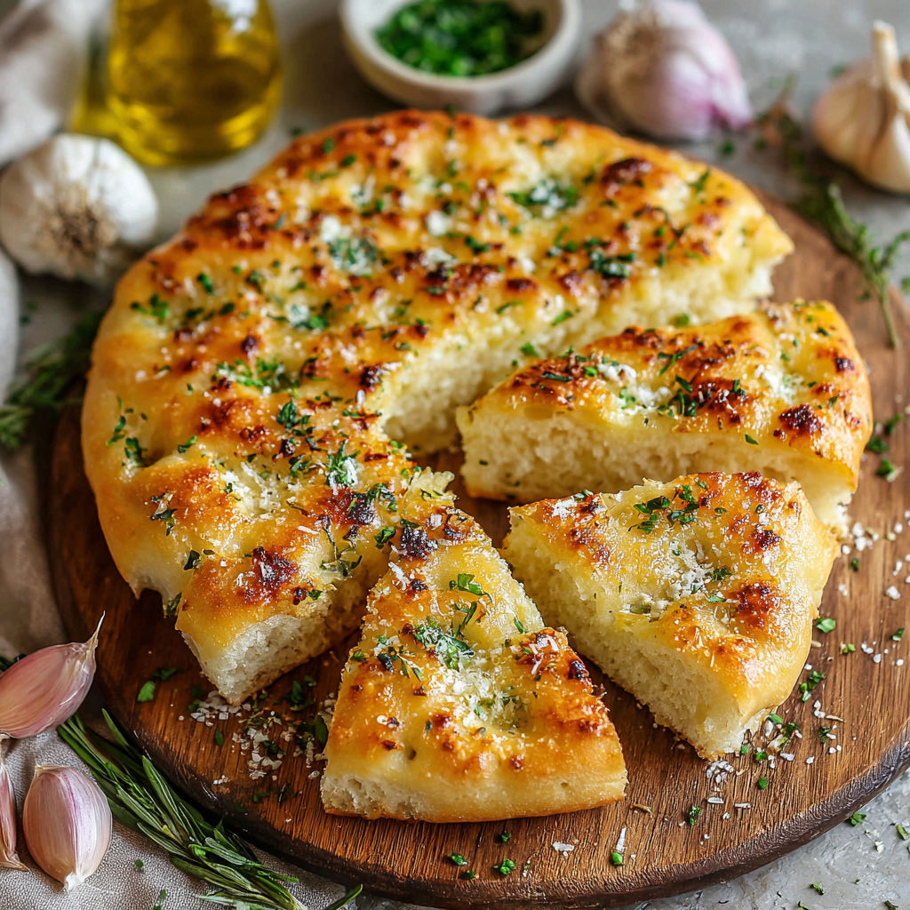 A slice of garlic Parmesan focaccia bread.