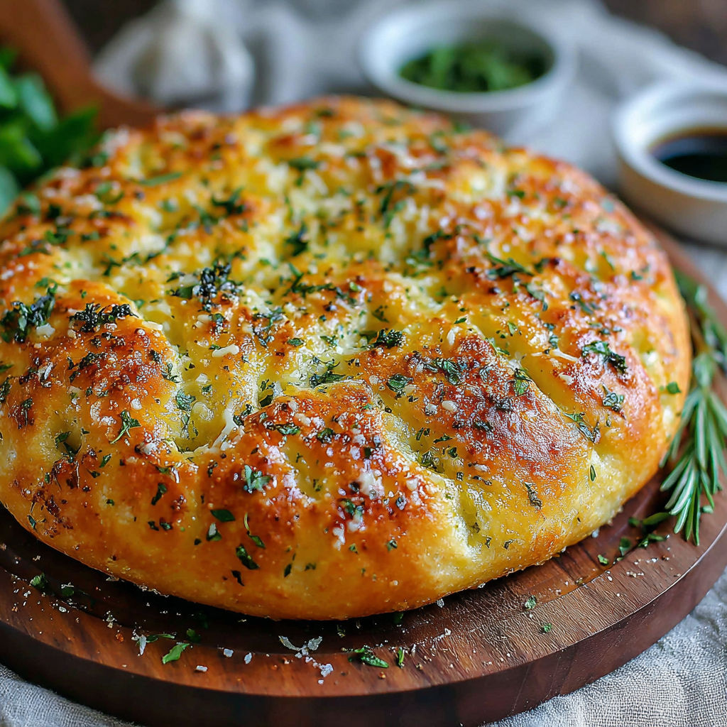 A garlic parmesan focaccia bread on a wooden board.