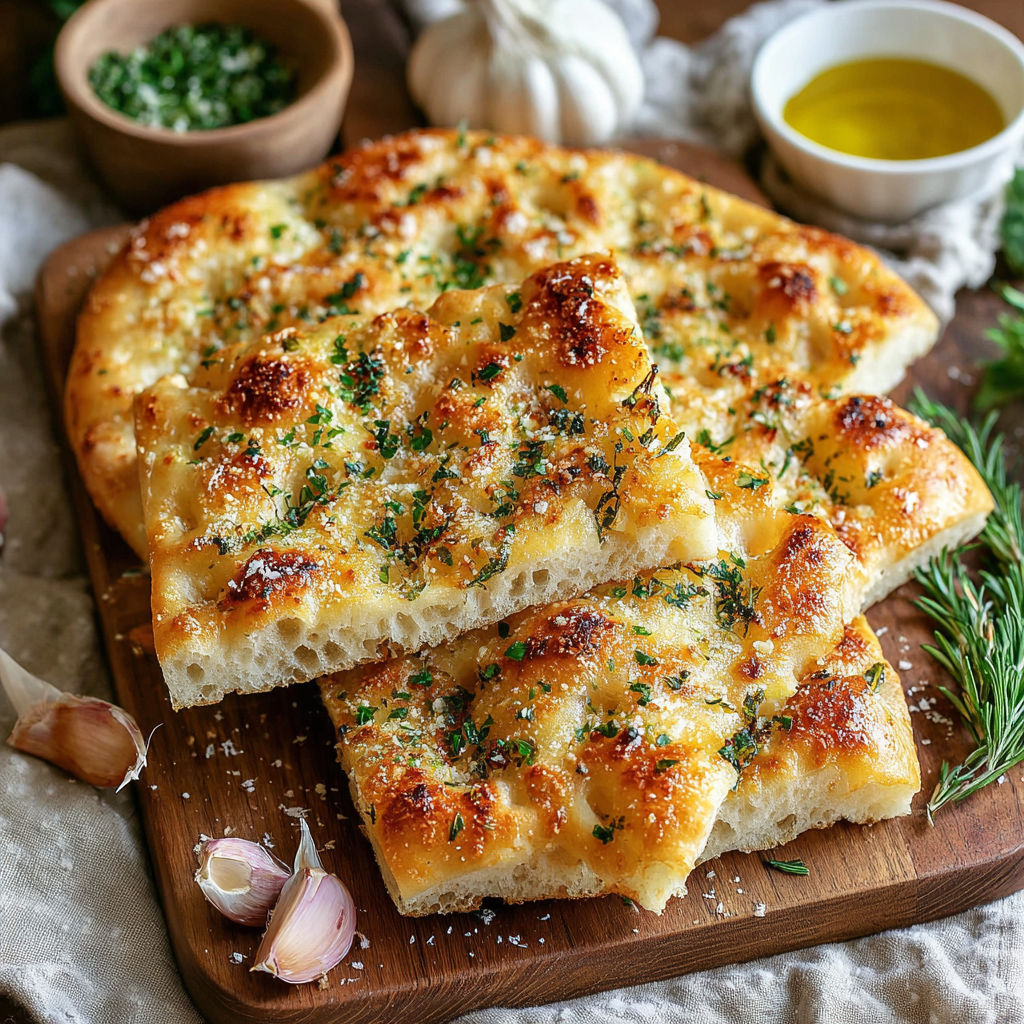 A wooden cutting board with two slices of garlic Parmesan focaccia bread.