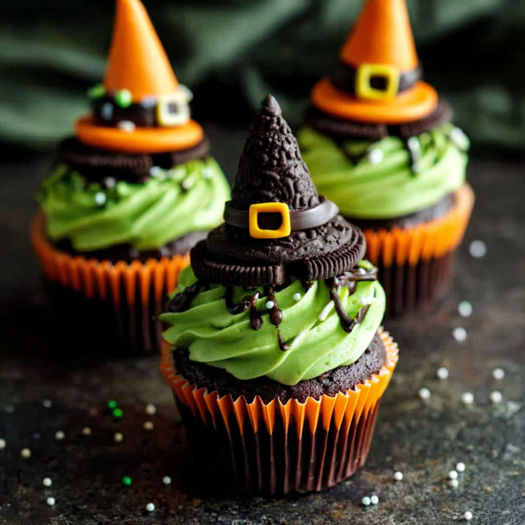 Three cupcakes with witch hats on top.