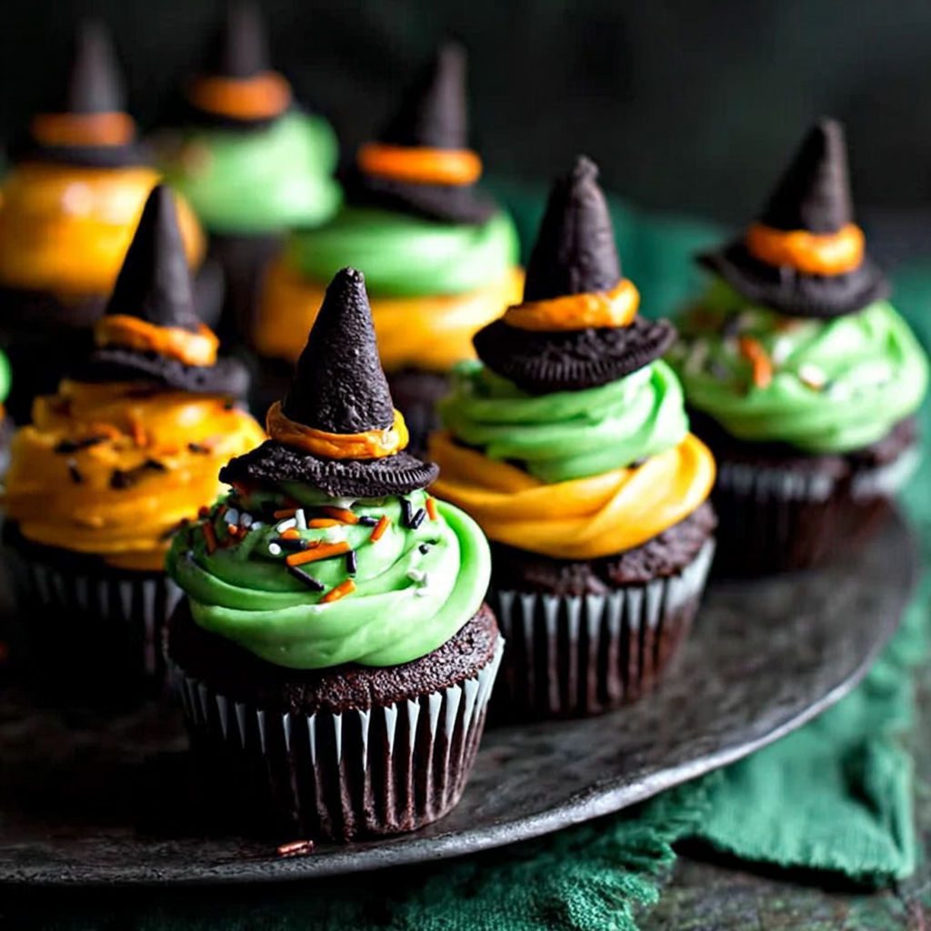 A plate of cupcakes with witch hats on top.