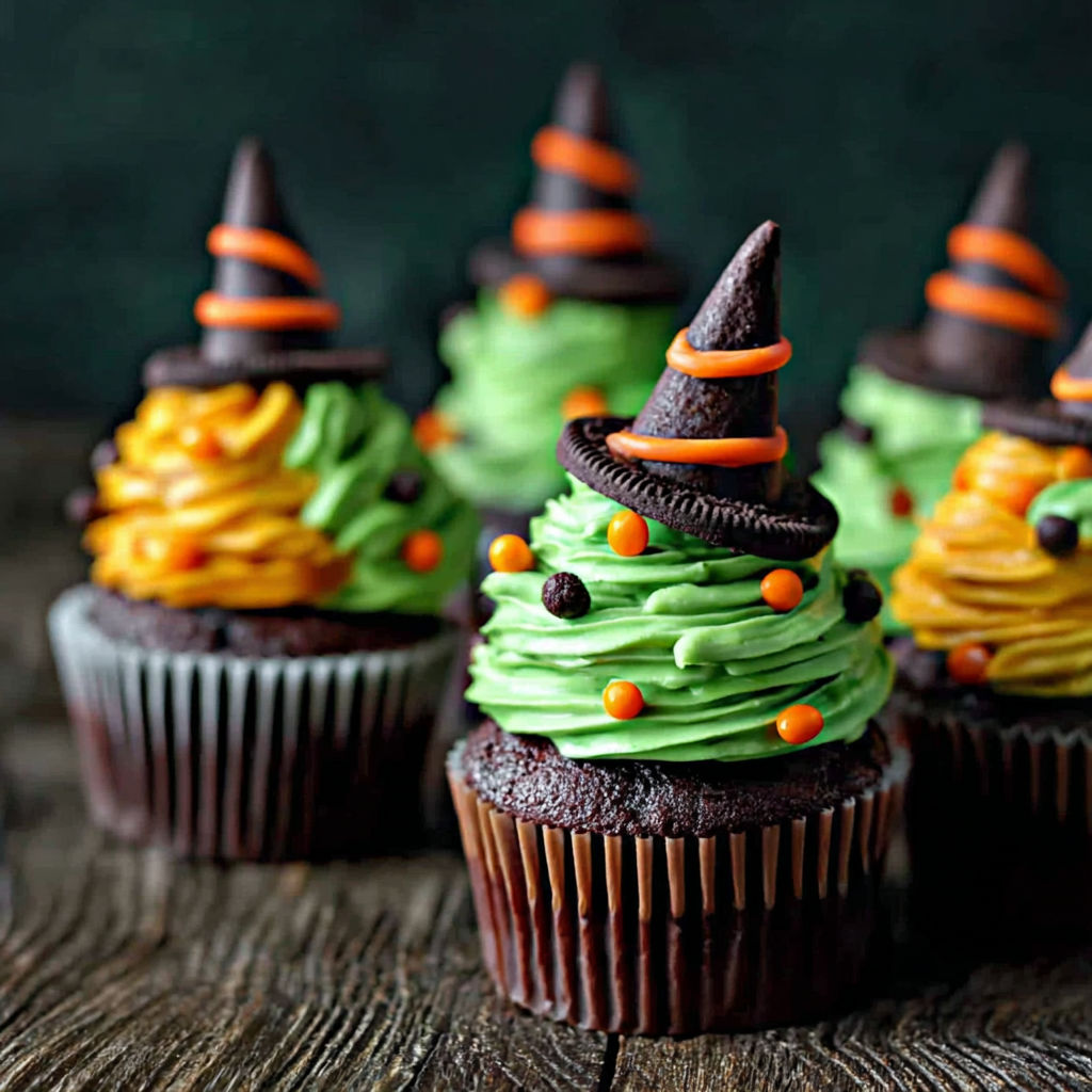 A group of cupcakes with witch hats on top.