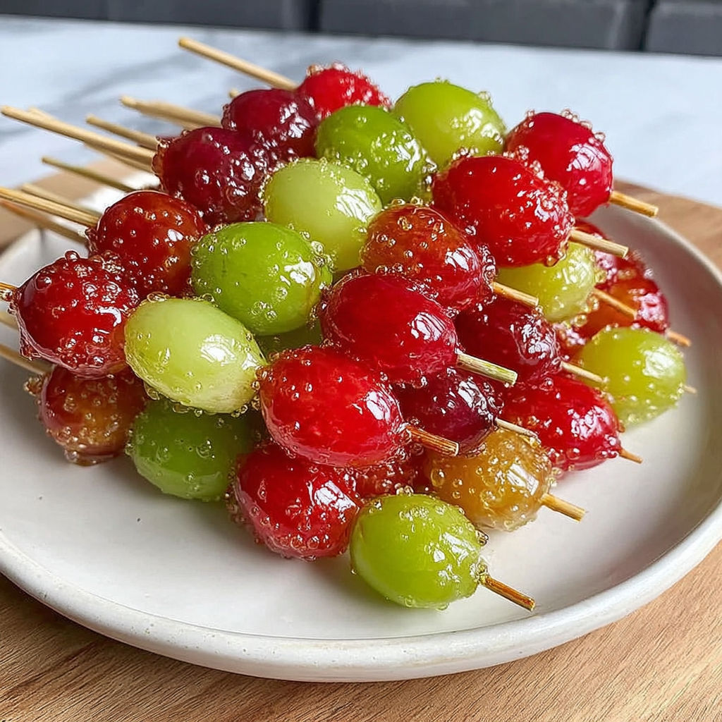A plate of fruit on a wooden table.