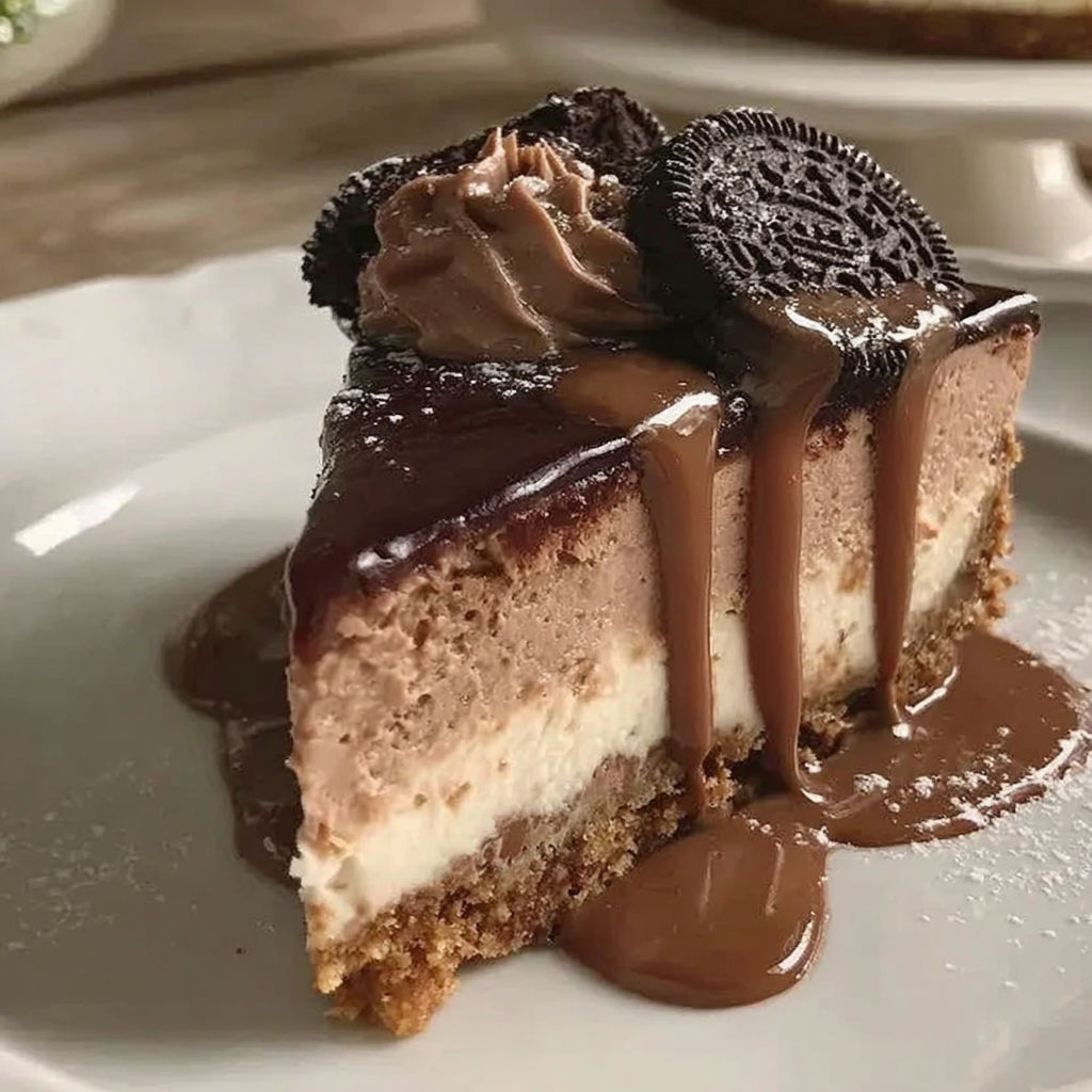 A slice of Nutella cheesecake with chocolate drizzle.