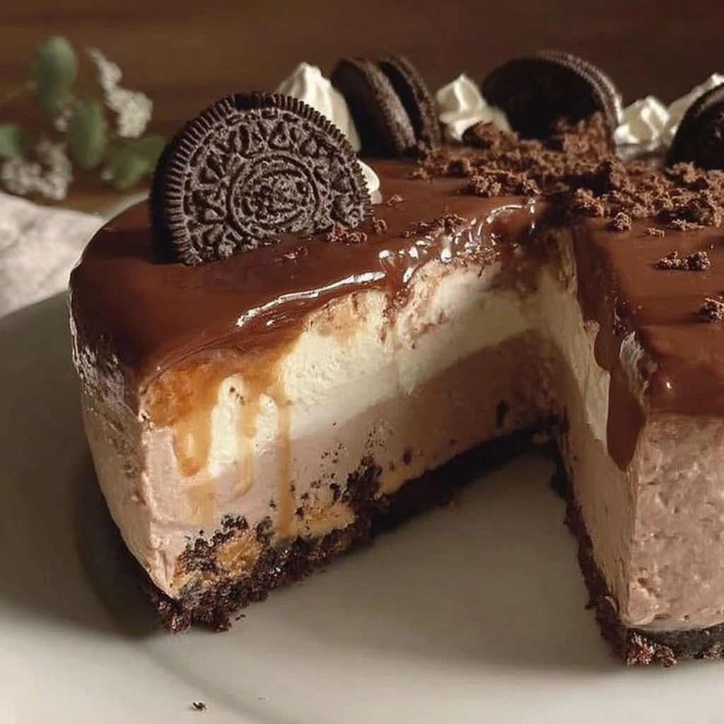 A slice of a no bake Nutella cheesecake.