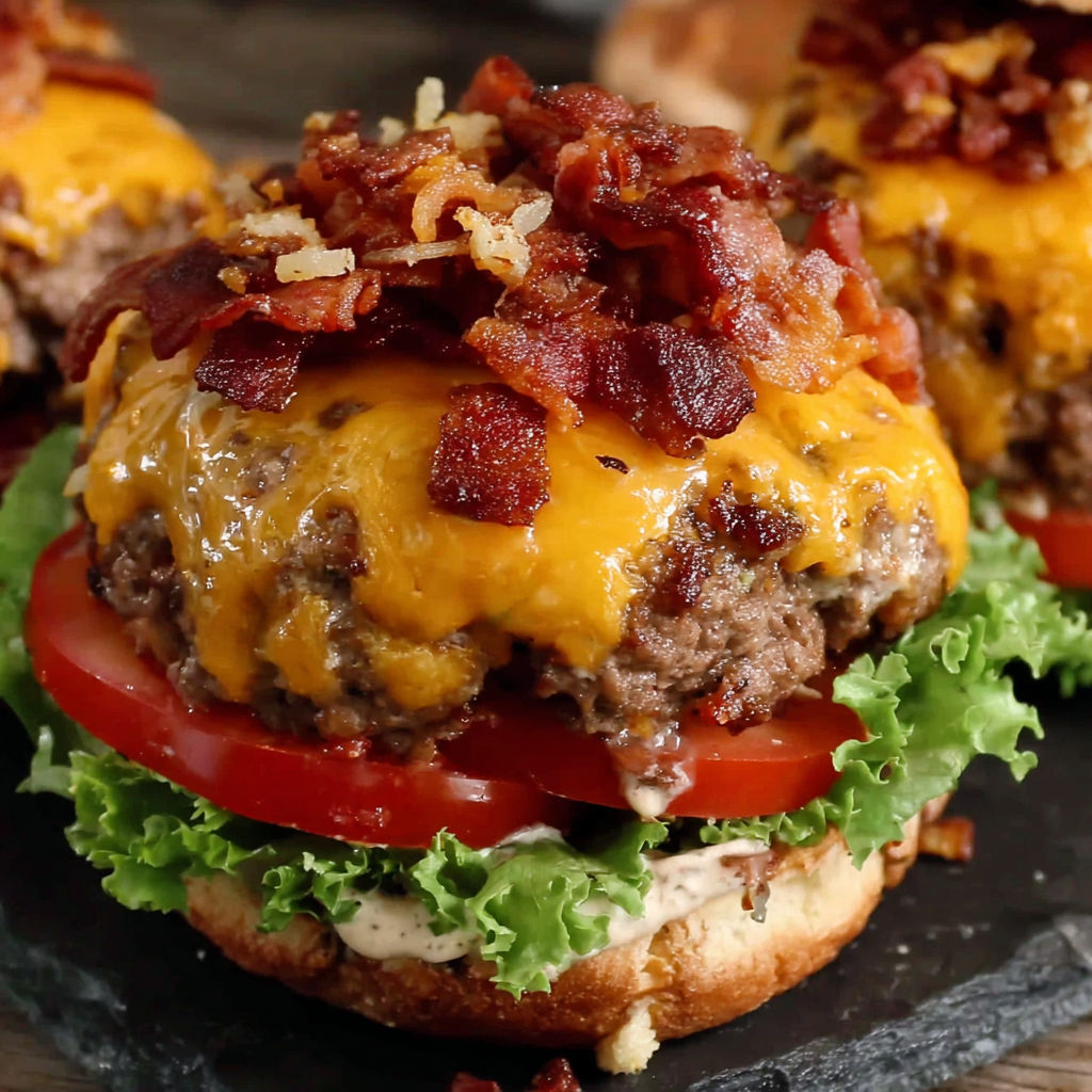 A burger with bacon and tomato on top.