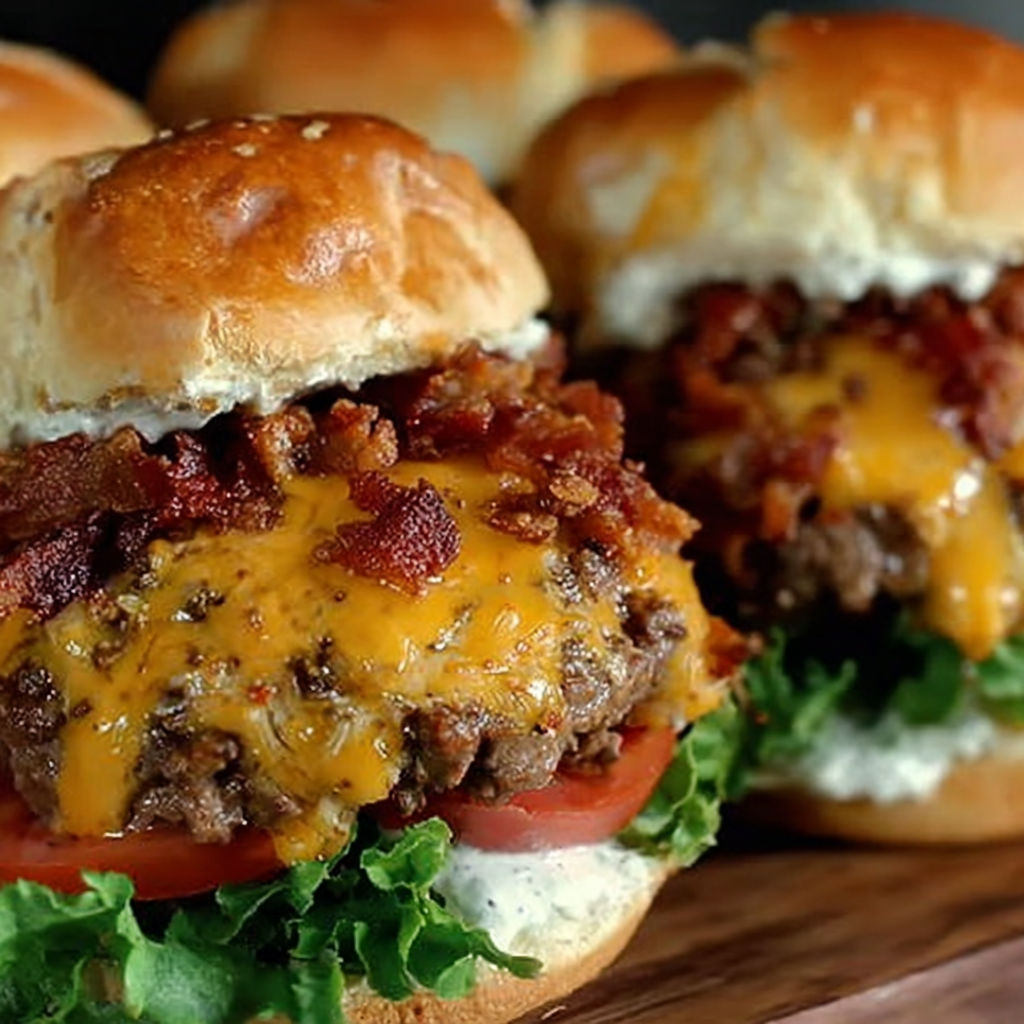 Two burgers with bacon and cheese on a wooden table.