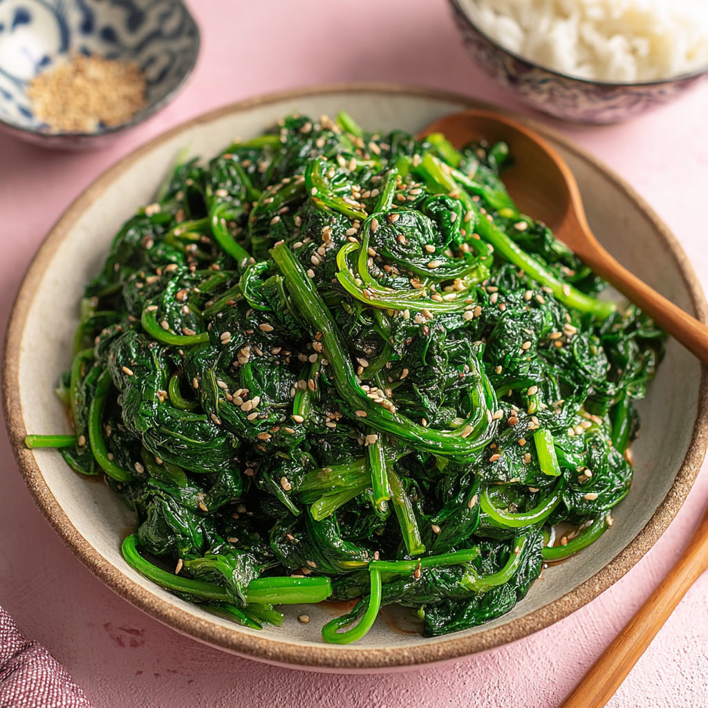 A bowl of green vegetables with a spoon in it.