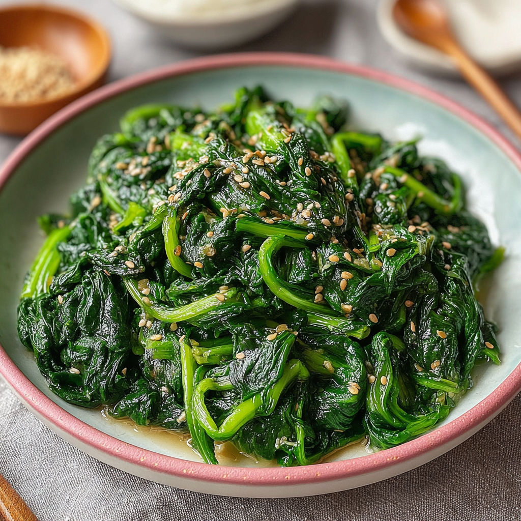 A bowl of cooked spinach with sesame seeds.