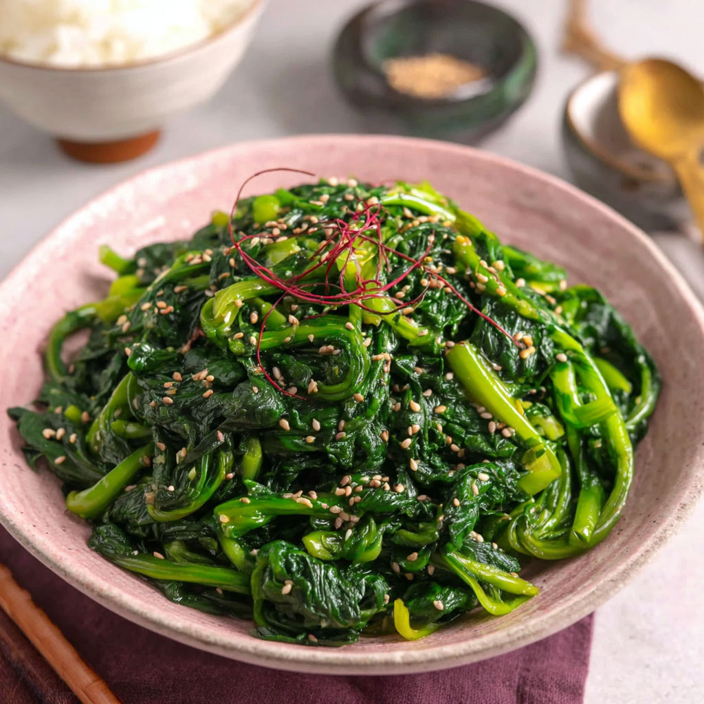 A bowl of spinach with sesame seeds on top.