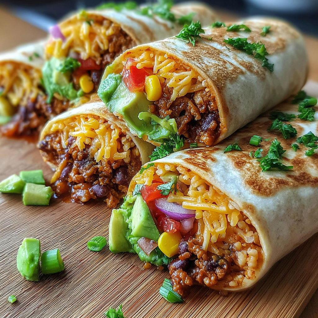 A burrito with rice, beans, and vegetables.
