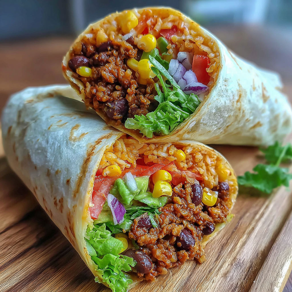 A burrito with rice, beans, corn, tomatoes, lettuce, and cheese.