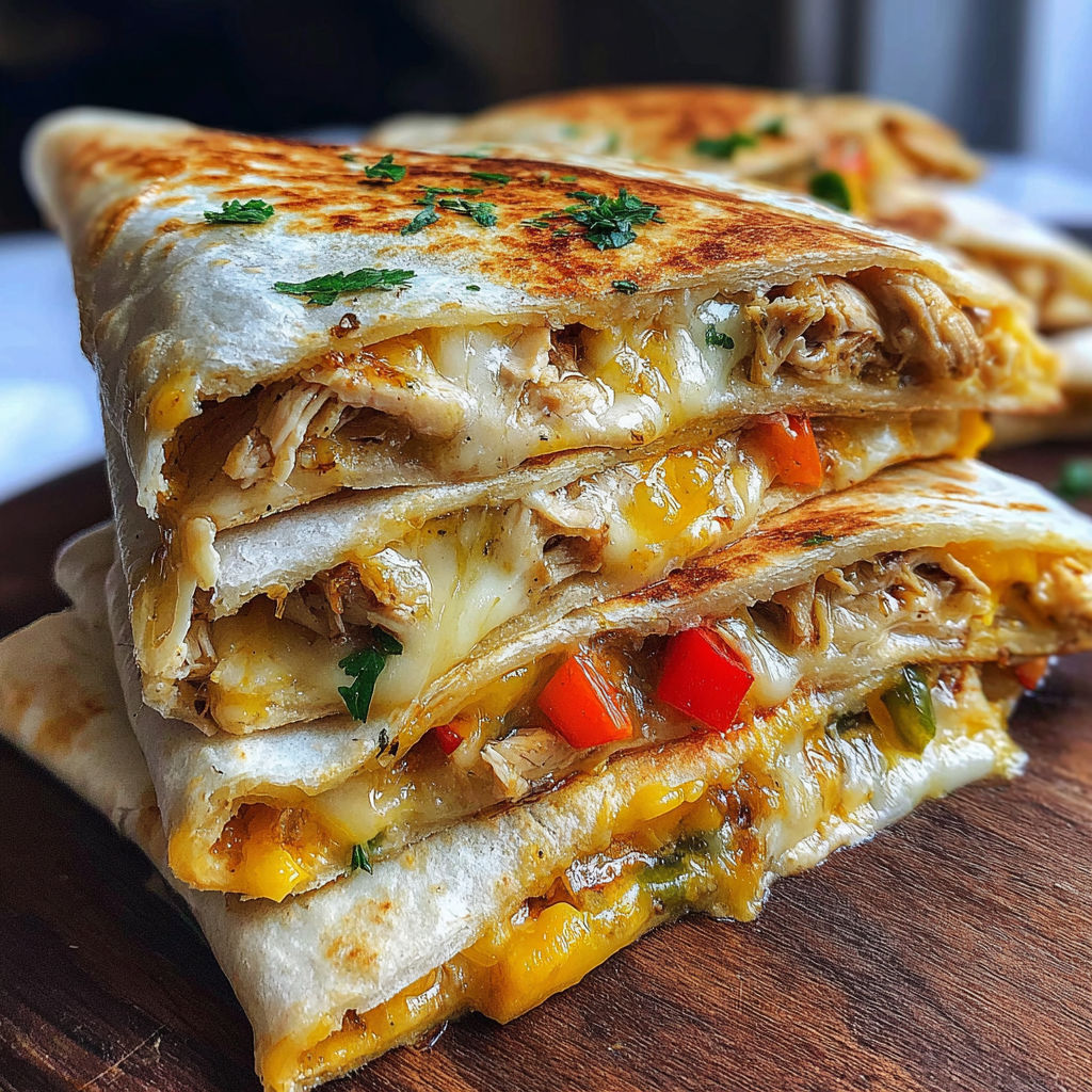 A quesadilla with cheese and peppers on a wooden table.