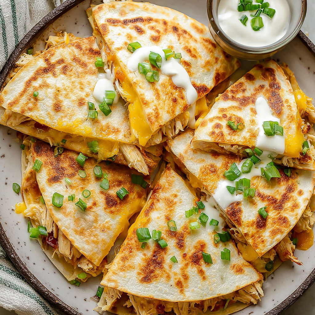 A plate of chicken quesadillas with white cheese and green onions.