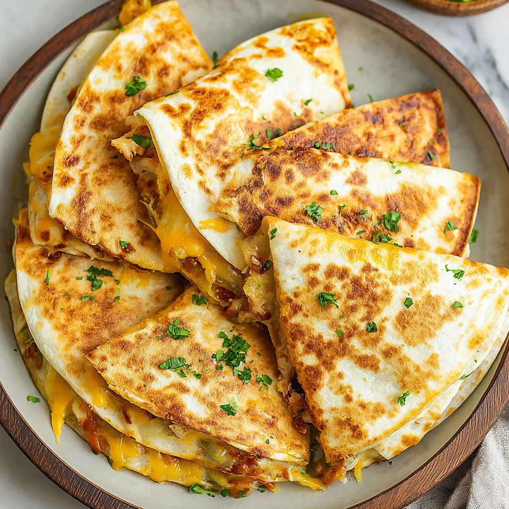 A plate of quesadillas with cheese and bacon.