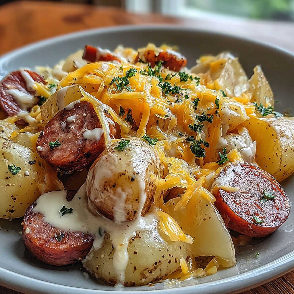 A plate of cheesy ranch potatoes and smoked sausage.
