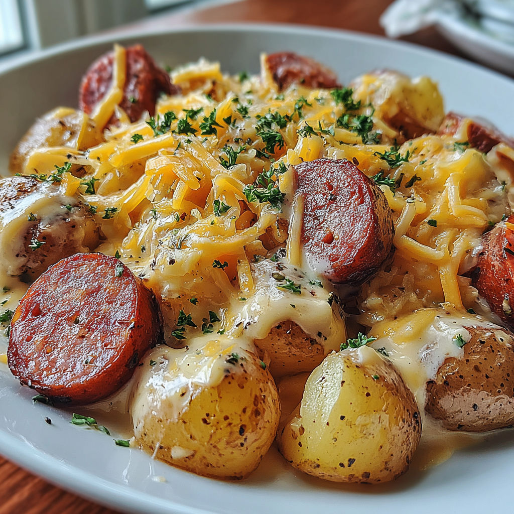 A plate of food with potatoes and sausage.