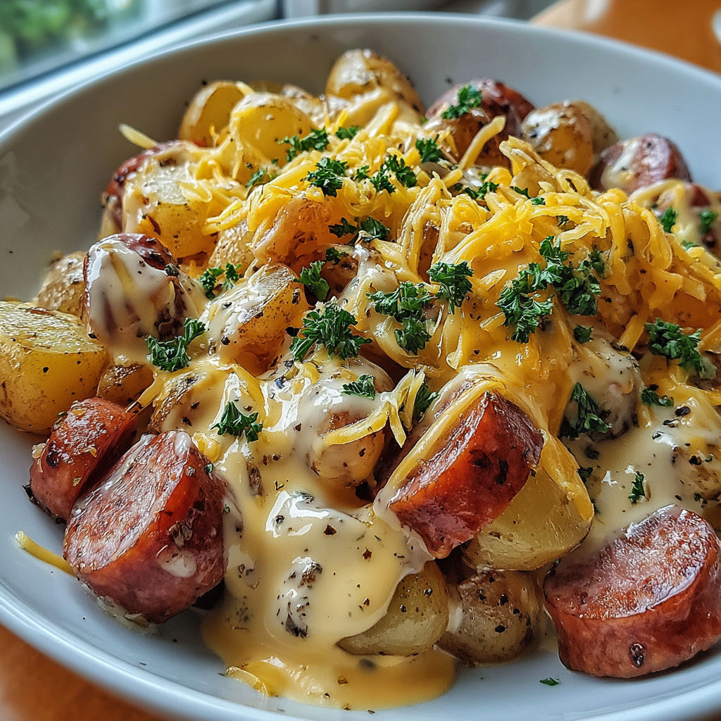 A bowl of food with potatoes, cheese, and chives.