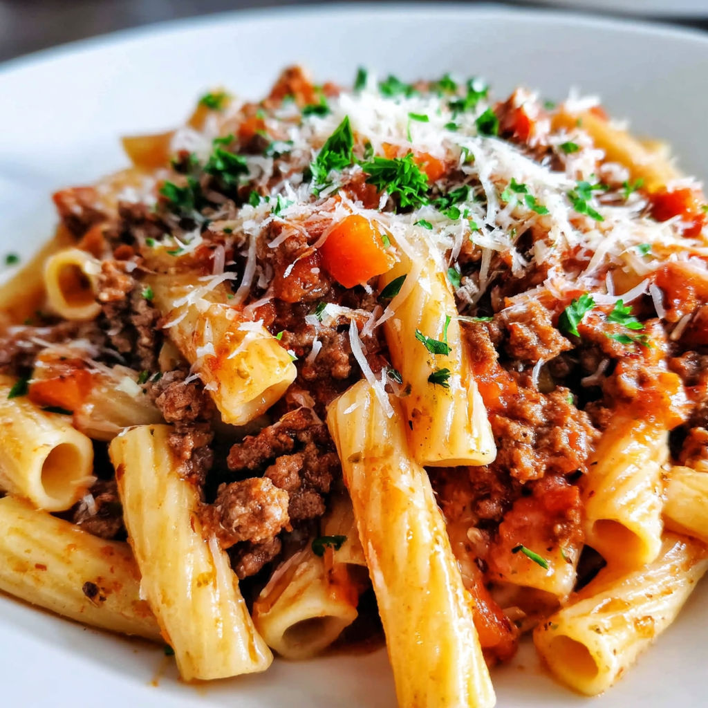 A plate of pasta with ground beef and cheese.
