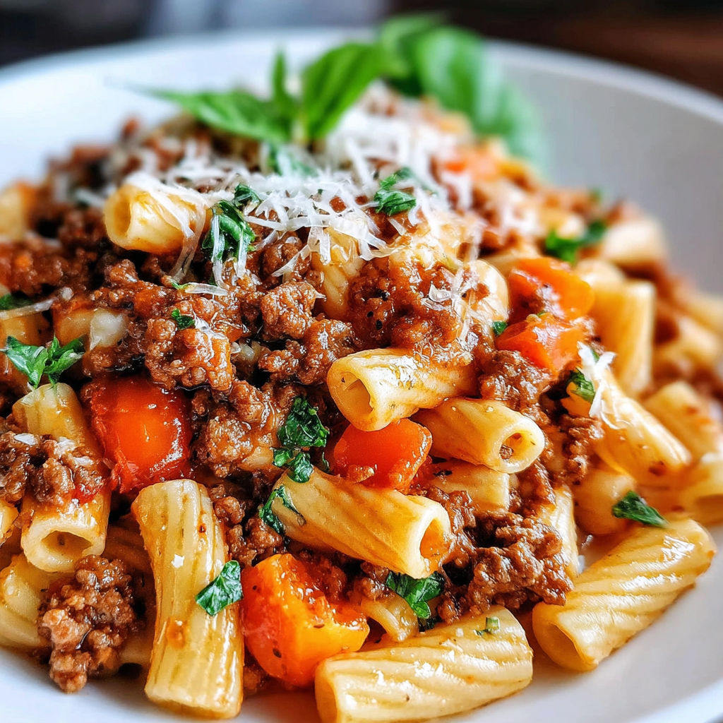 A plate of pasta with meat and vegetables.