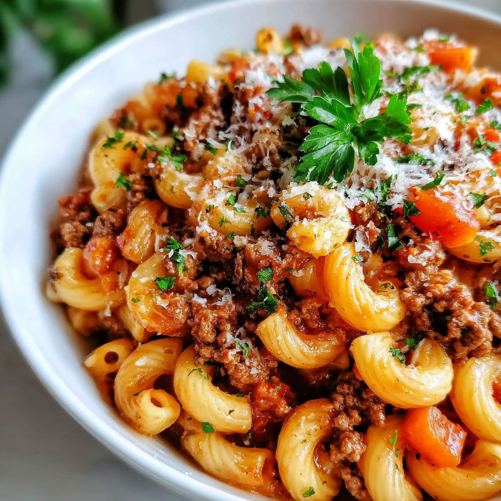 A plate of pasta with meat and vegetables.