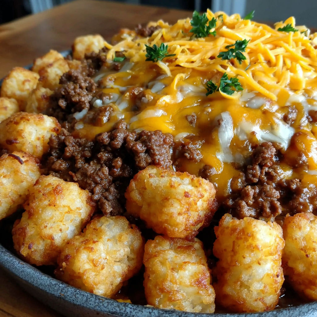 A tater tot casserole with ground beef.