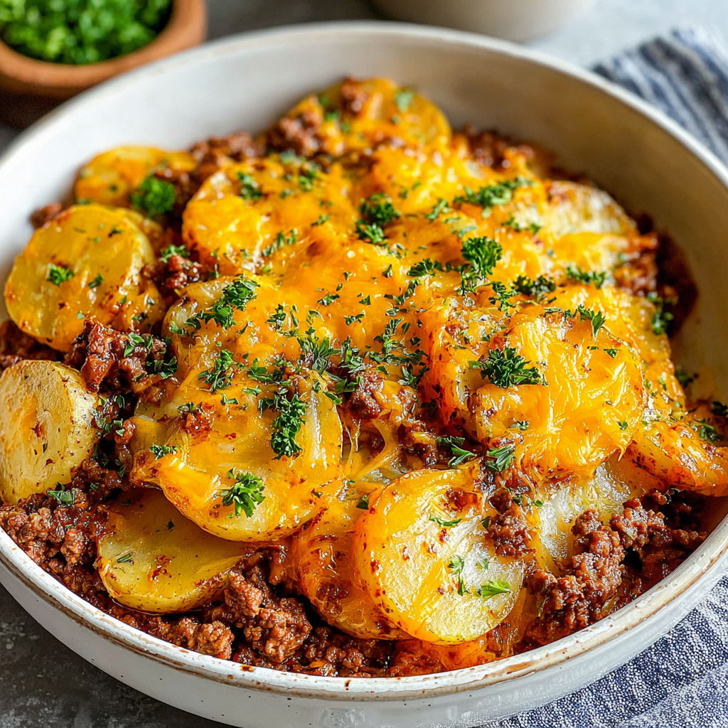 A bowl of food with the words "Hobo Casserole with Ground Beef & Potatoes - Quick & Delicious!" written on it.