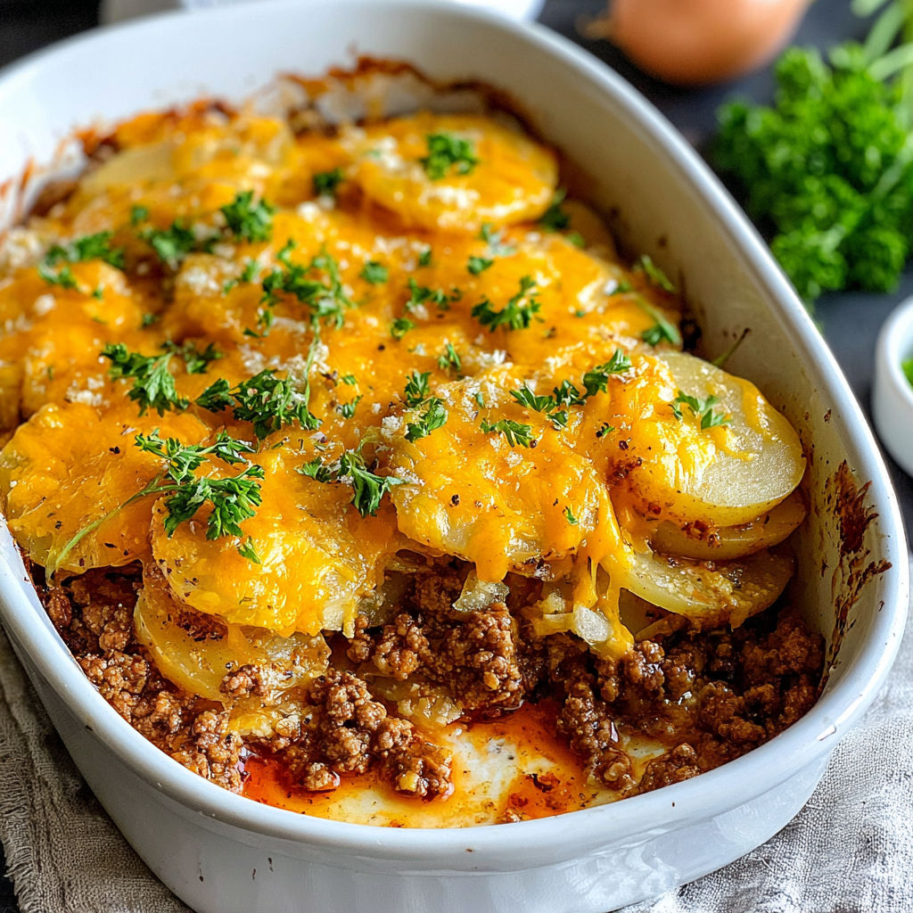 A white bowl filled with a casserole.