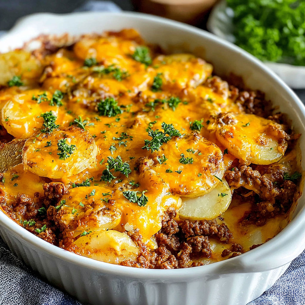 A white bowl filled with a delicious hobo casserole.