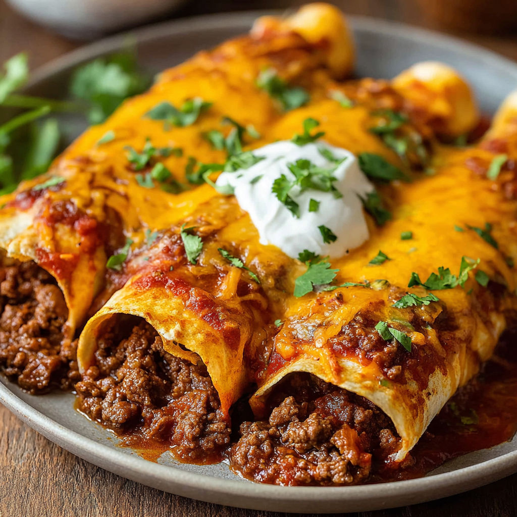 A plate of ground beef enchiladas.