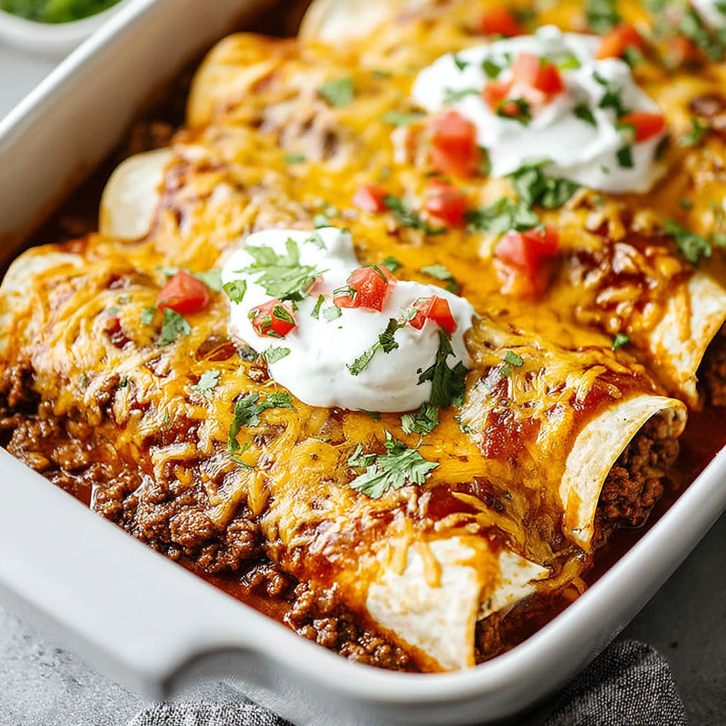 A dish of Mexican food with a dollop of sour cream on top.