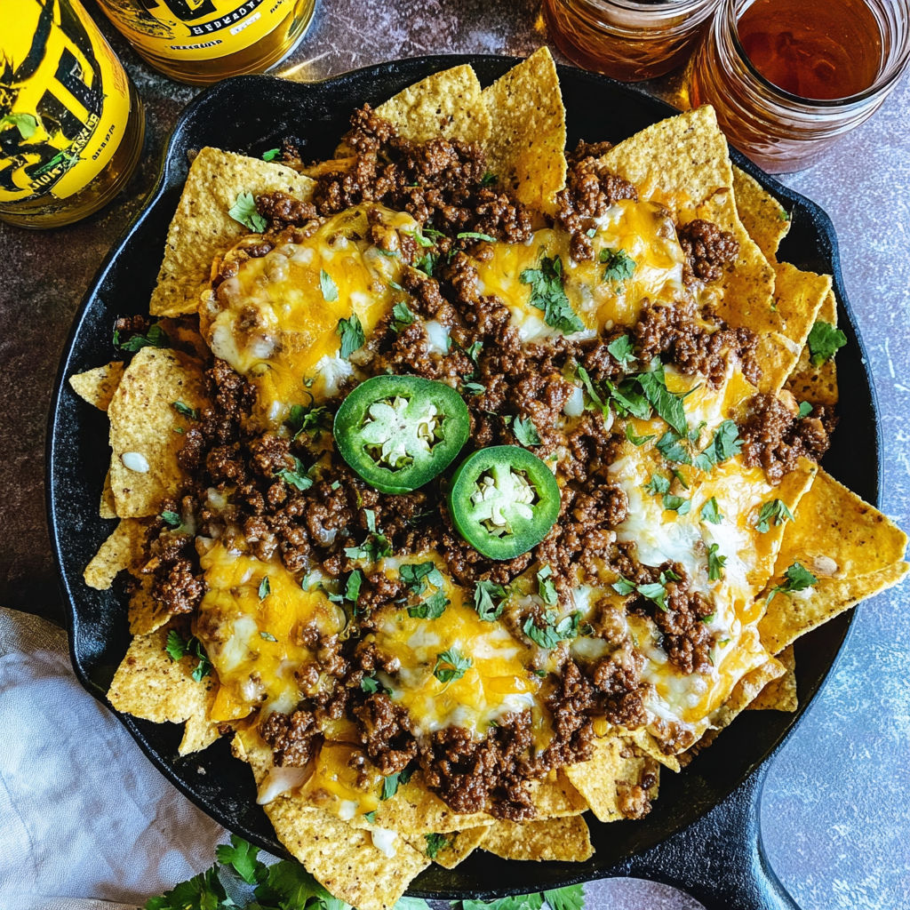 A plate of nachos with cheese and meat.