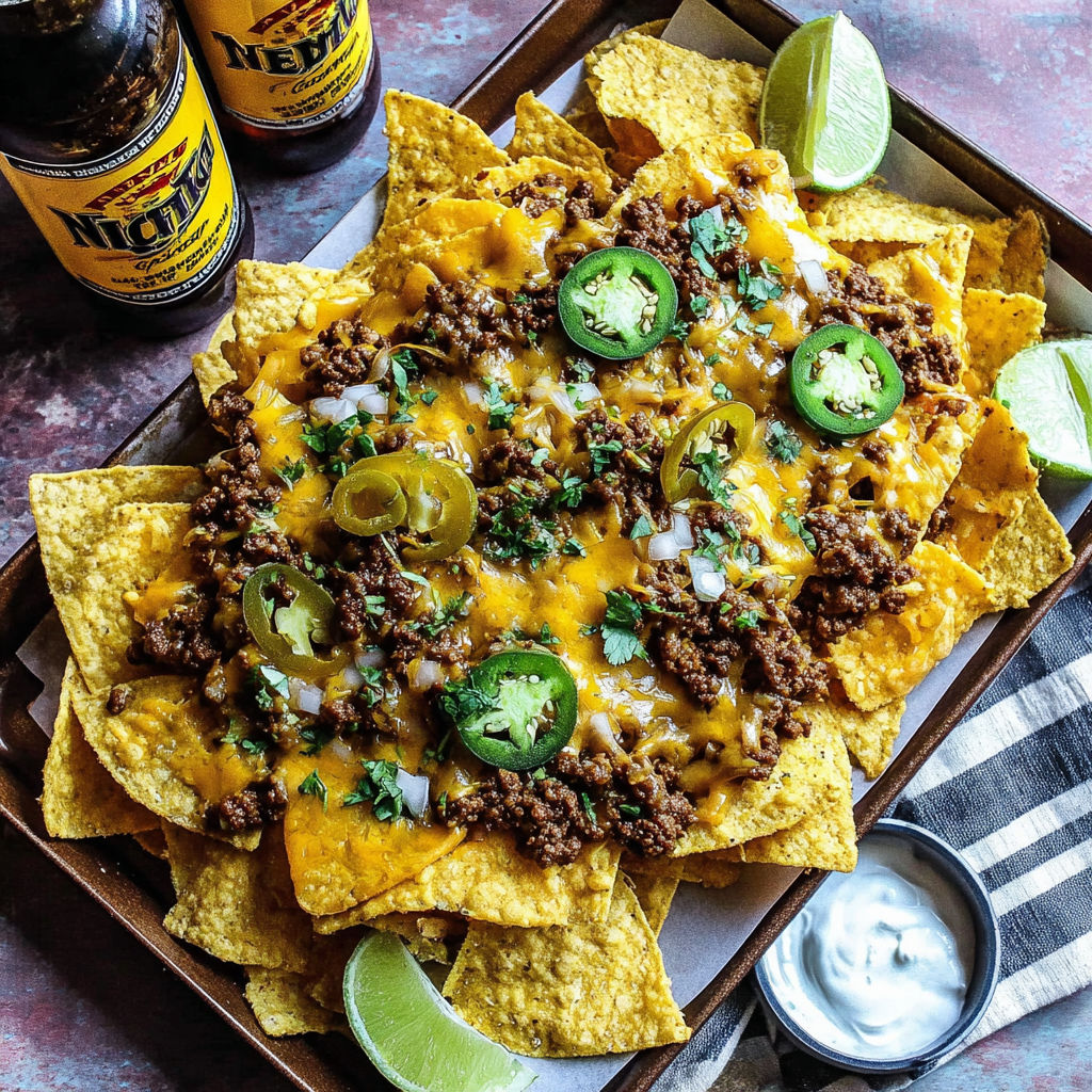 A tray of nachos with cheese and jalapenos.