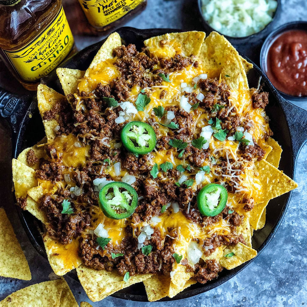 A plate of nachos with cheese and jalapenos.